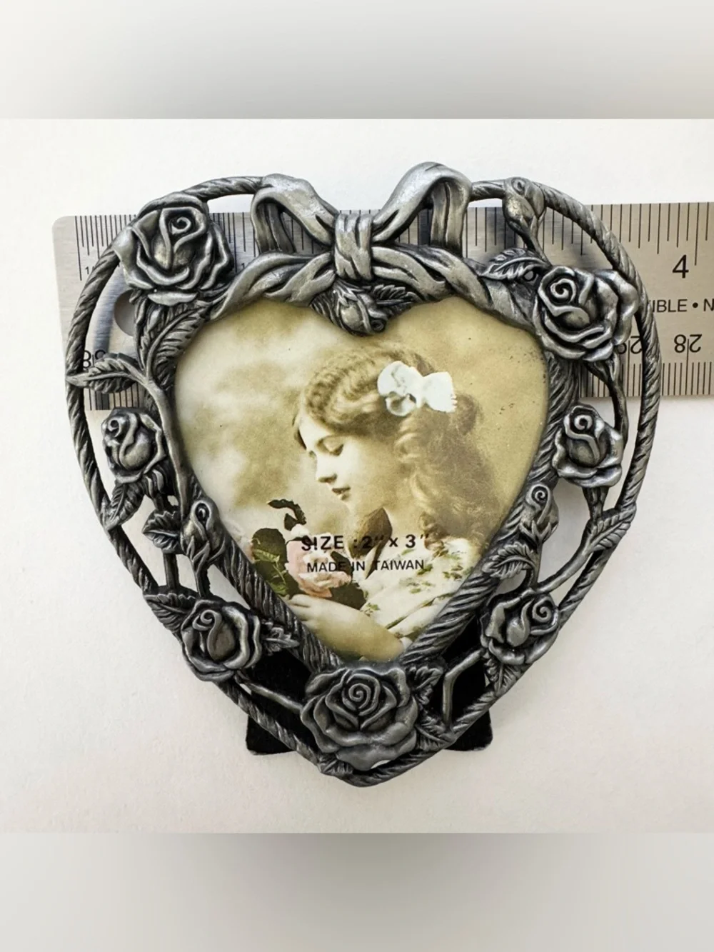 Vintage Mini Heart Photo Frame Roses Bow 2 x 3 Romantic Feminine Victorian